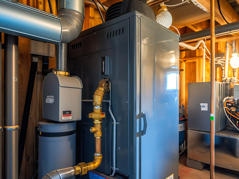 Newly installed high-efficiency furnace in a residential utility room with clearly labeled pipes and connections.